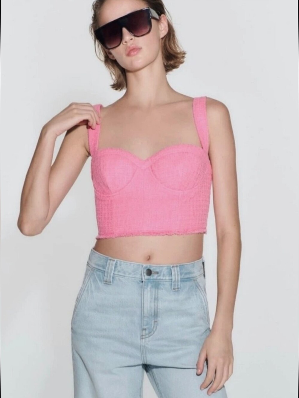 ZARA Pink Cropped Bustier Tweed Tank Top - Size Small